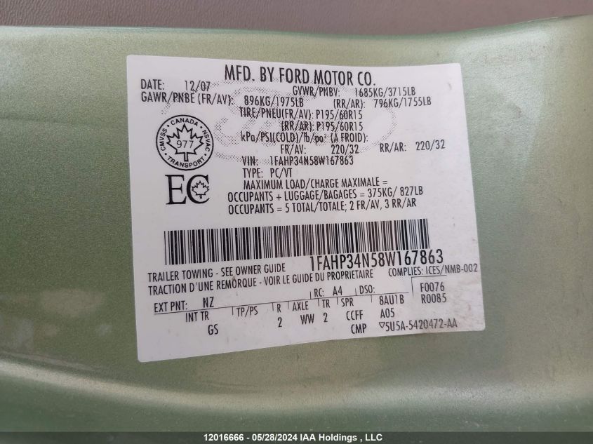 2008 Ford Focus S/Se VIN: 1FAHP34N58W167863 Lot: 12016666