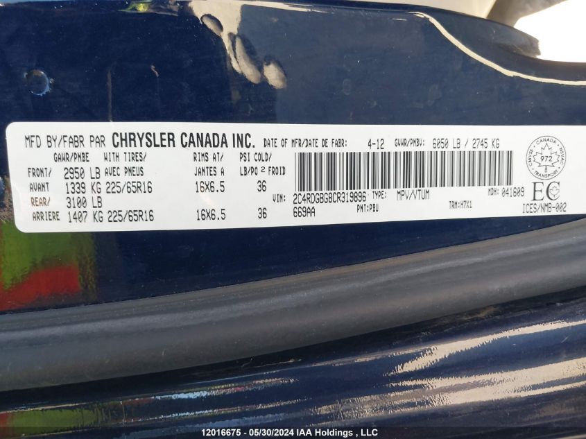 2012 Dodge Grand Caravan Se VIN: 2C4RDGBG8CR319896 Lot: 12016675