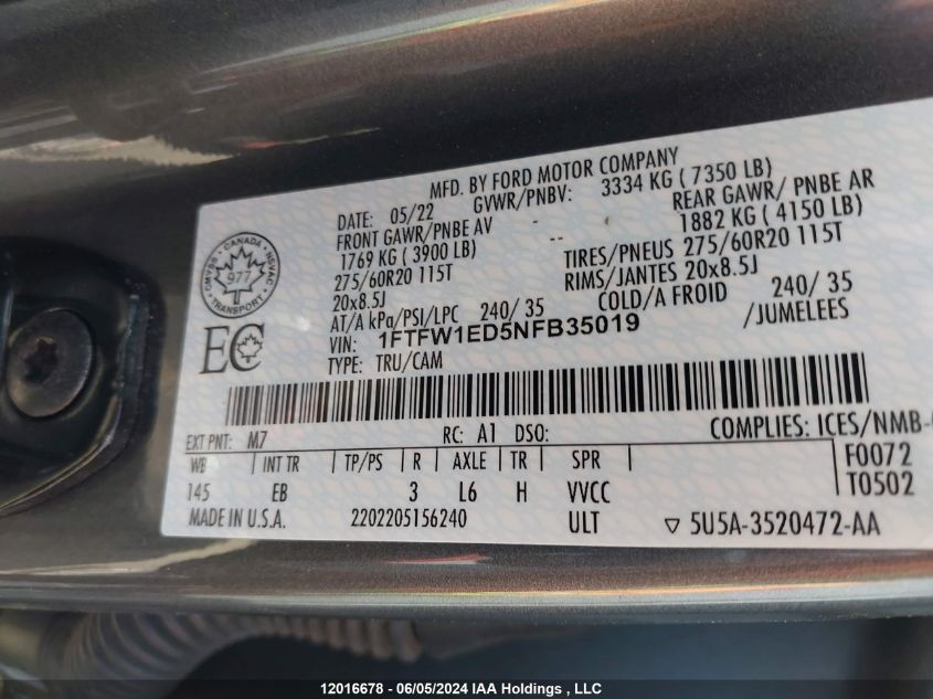 2022 Ford F-150 Lariat VIN: 1FTFW1ED5NFB35019 Lot: 12016678