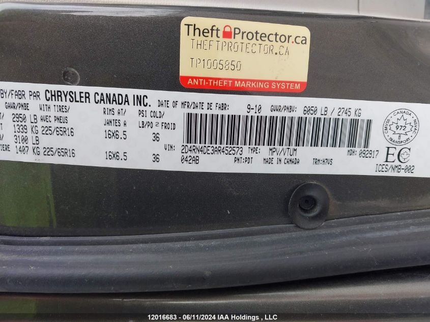 2010 Dodge Grand Caravan Se VIN: 2D4RN4DE3AR452573 Lot: 12016683