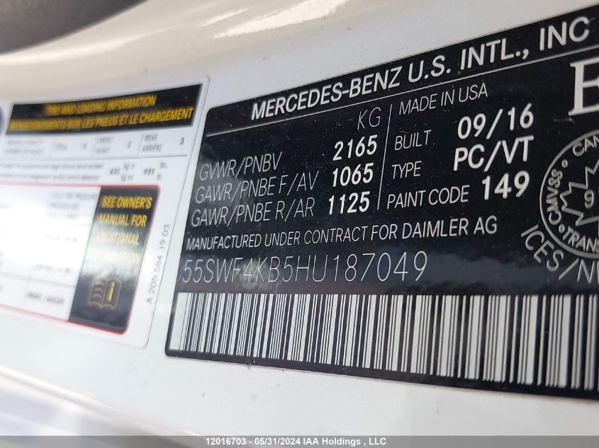 2017 Mercedes-Benz C 300 4Matic VIN: 55SWF4KB5HU187049 Lot: 12016703