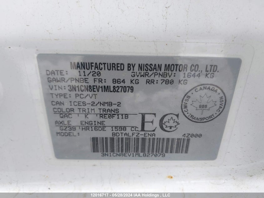 2021 Nissan Versa VIN: 3N1CN8EV1ML827079 Lot: 12016717