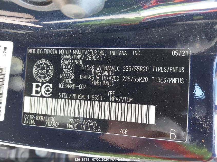 2021 Toyota Highlander Xse VIN: 5TDLZRBH9MS119629 Lot: 12016718