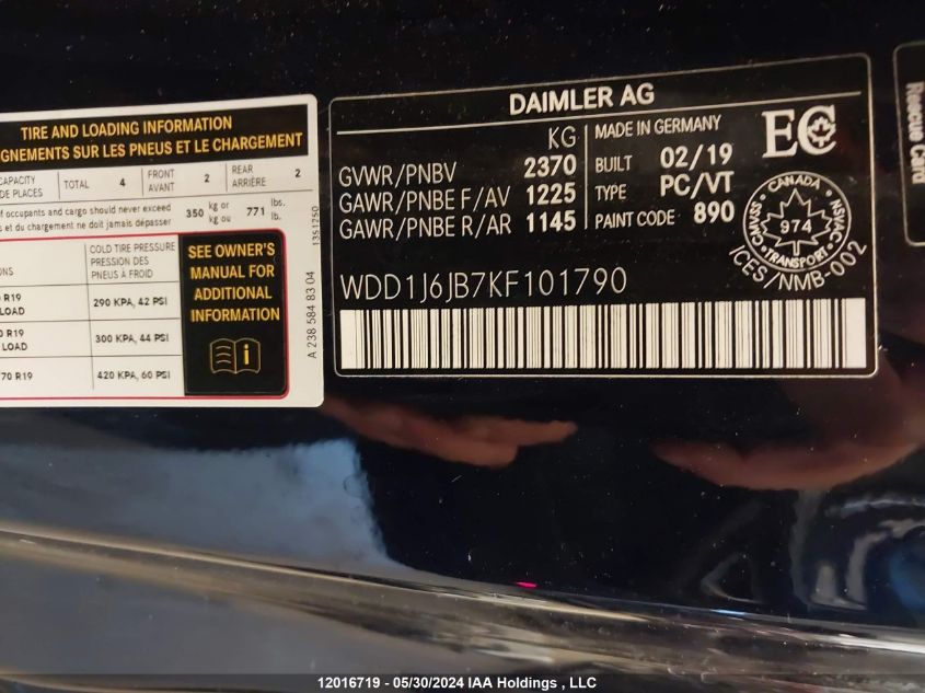 2019 Mercedes-Benz E-Class E 450 VIN: WDD1J6JB7KF101790 Lot: 12016719