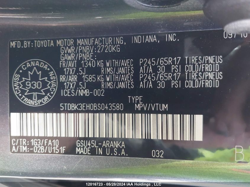 2011 Toyota Highlander Se VIN: 5TDBK3EH0BS043580 Lot: 12016723