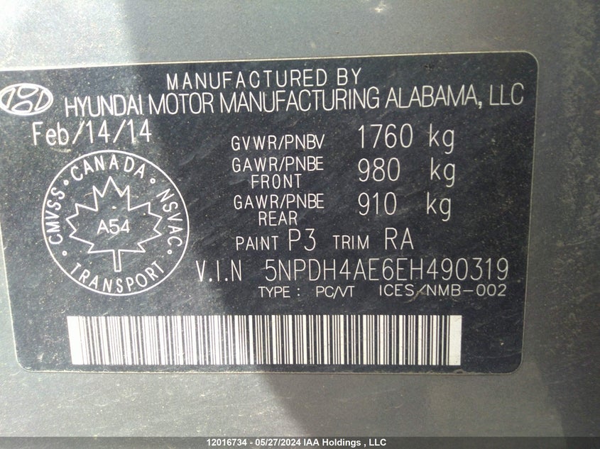 2014 Hyundai Elantra Se/Sport/Limited VIN: 5NPDH4AE6EH490319 Lot: 12016734