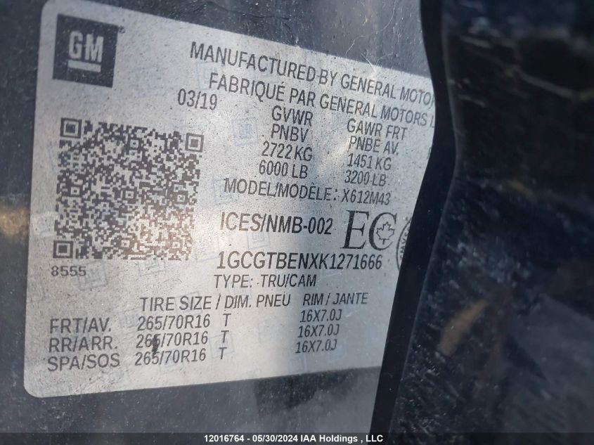 2019 Chevrolet Colorado VIN: 1GCGTBENXK1271666 Lot: 12016764