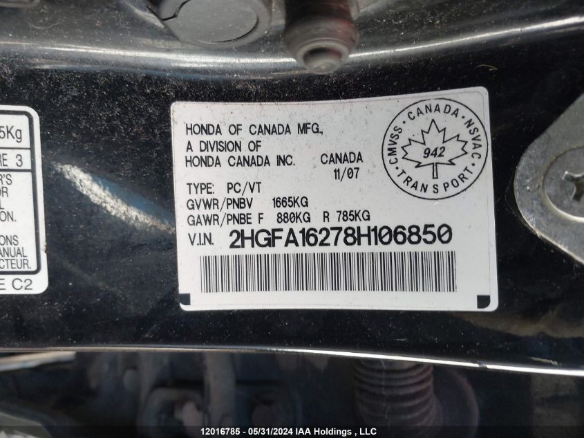 2008 Honda Civic Sdn VIN: 2HGFA16278H106850 Lot: 12016785