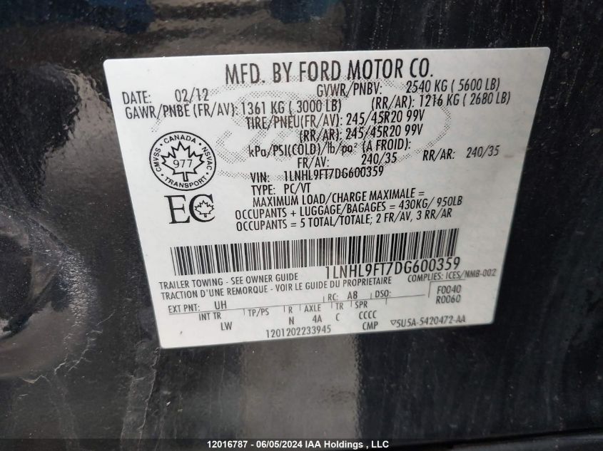 2013 Lincoln Mks VIN: 1LNHL9FT7DG600359 Lot: 12016787