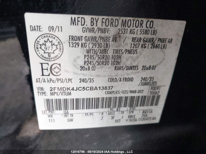 2012 Ford Edge VIN: 2FMDK4JC5CBA13837 Lot: 12016796