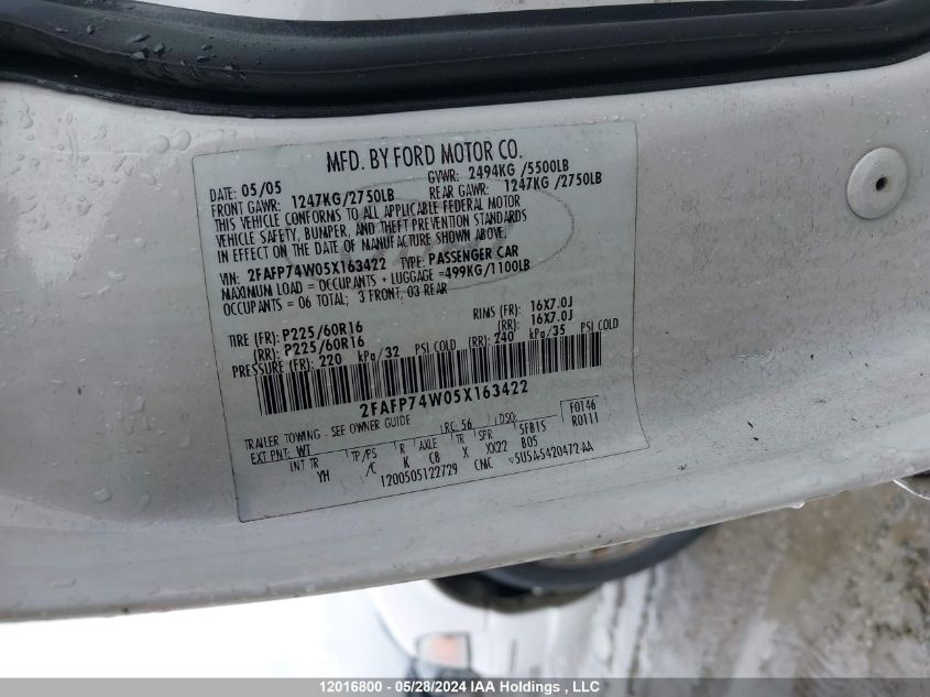 2005 Ford Crown Victoria Lx VIN: 2FAFP74W05X163422 Lot: 12016800