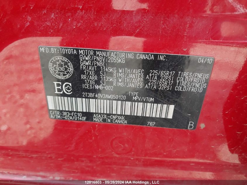 2010 Toyota Rav4 VIN: 2T3BF4DV3AW050120 Lot: 12016803