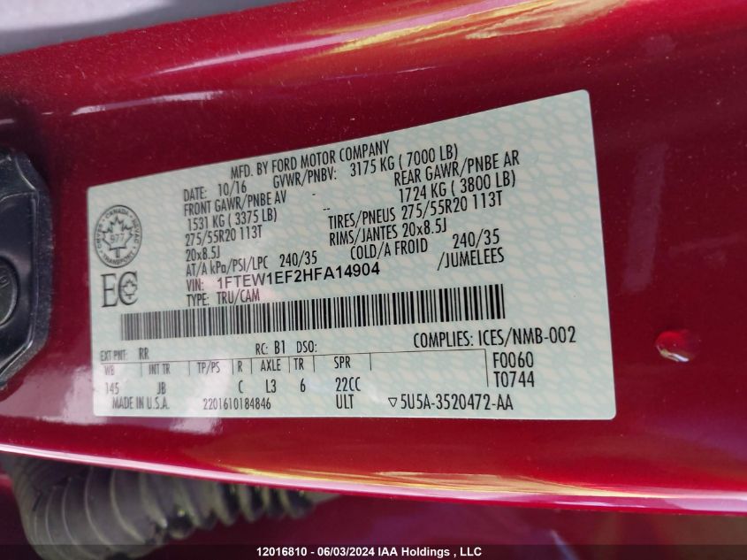 2017 Ford F150 Supercrew VIN: 1FTEW1EF2HFA14904 Lot: 12016810