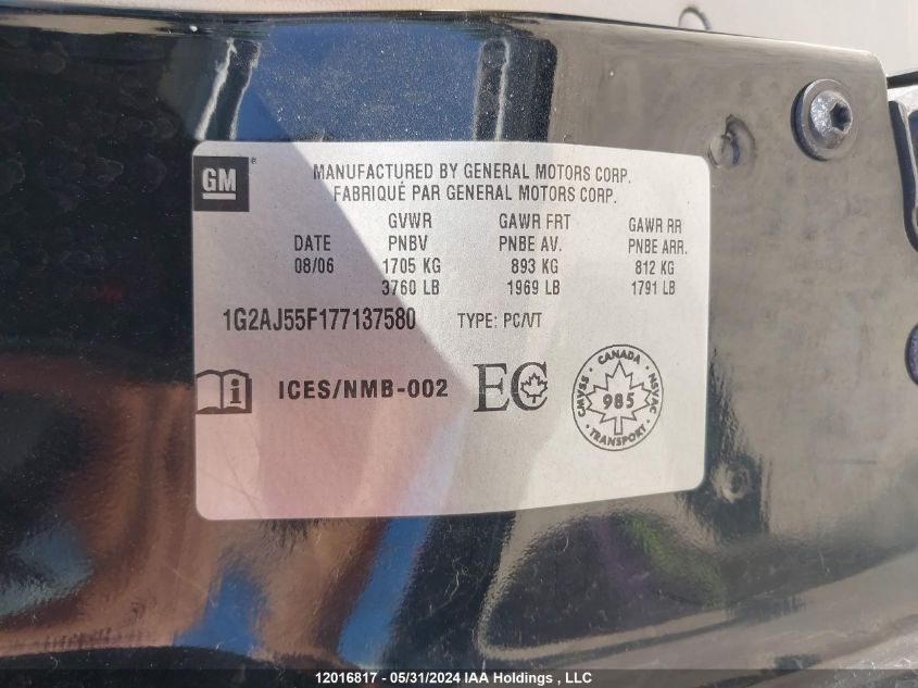 2007 Pontiac G5 VIN: 1G2AJ55F177137580 Lot: 12016817