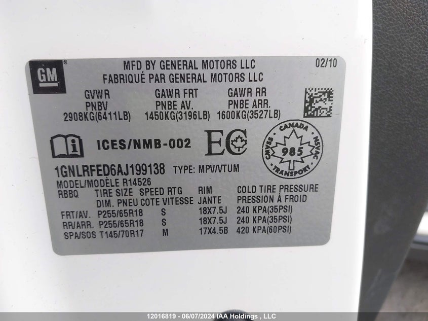 2010 Chevrolet Traverse Lt VIN: 1GNLRFED6AJ199138 Lot: 12016819