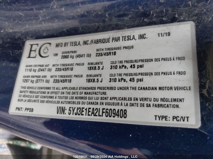 2020 Tesla Model 3 VIN: 5YJ3E1EA2LF609408 Lot: 12016831