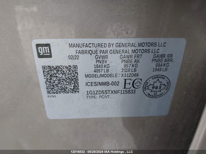 2022 Chevrolet Malibu VIN: 1G1ZD5STXNF115833 Lot: 12016832