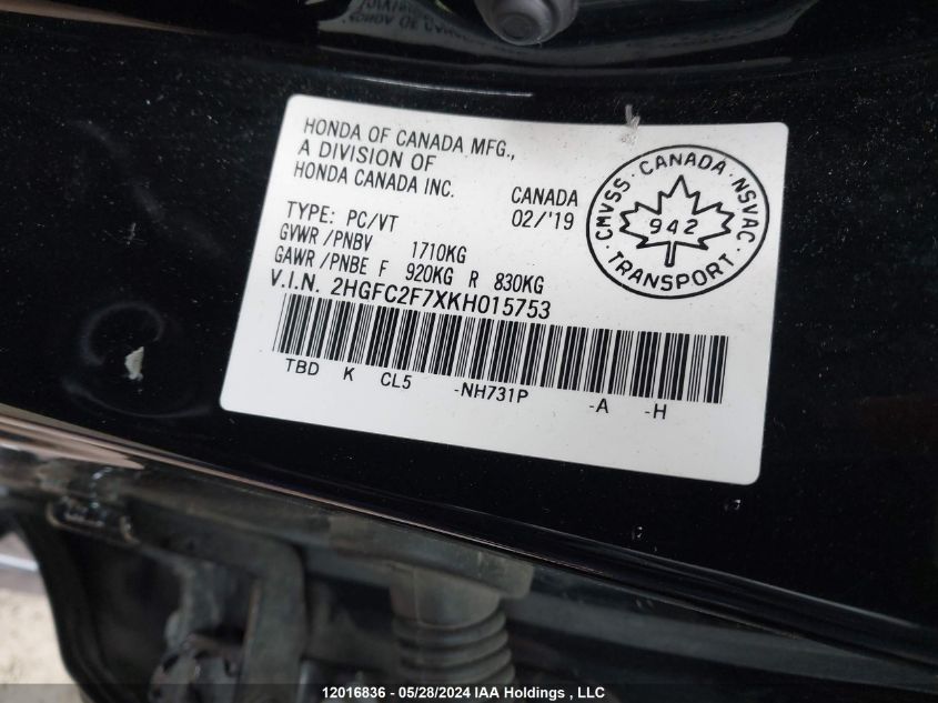 2019 Honda Civic Ex 4Dr VIN: 2HGFC2F7XKH015753 Lot: 12016836