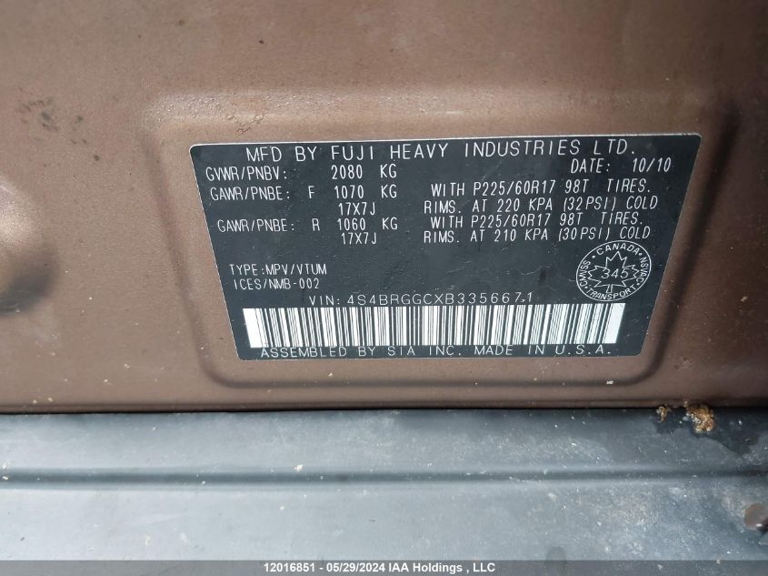 2011 Subaru Outback 2.5I Premium VIN: 4S4BRGGCXB3356671 Lot: 12016851