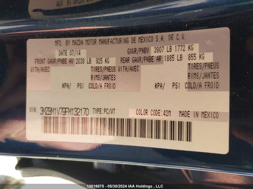 2015 Mazda 3 Touring VIN: 3MZBM1V79FM132170 Lot: 12016875
