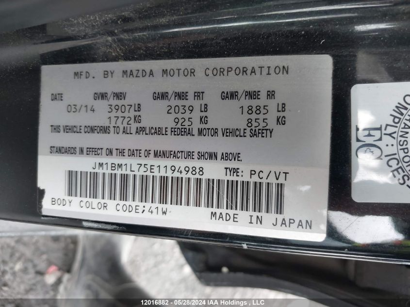 2014 Mazda 3 Touring VIN: JM1BM1L75E1194988 Lot: 12016882