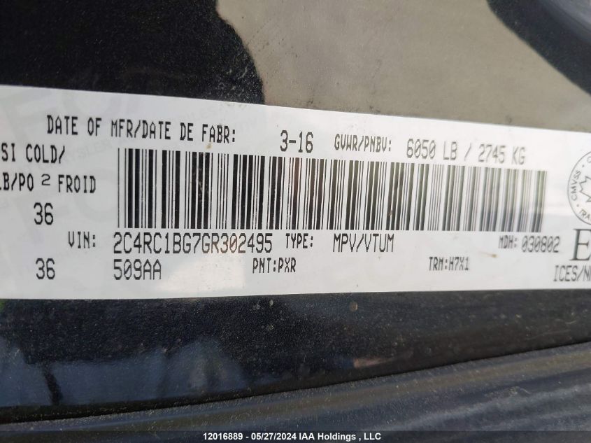 2016 Chrysler Town & Country Touring VIN: 2C4RC1BG7GR302495 Lot: 12016889