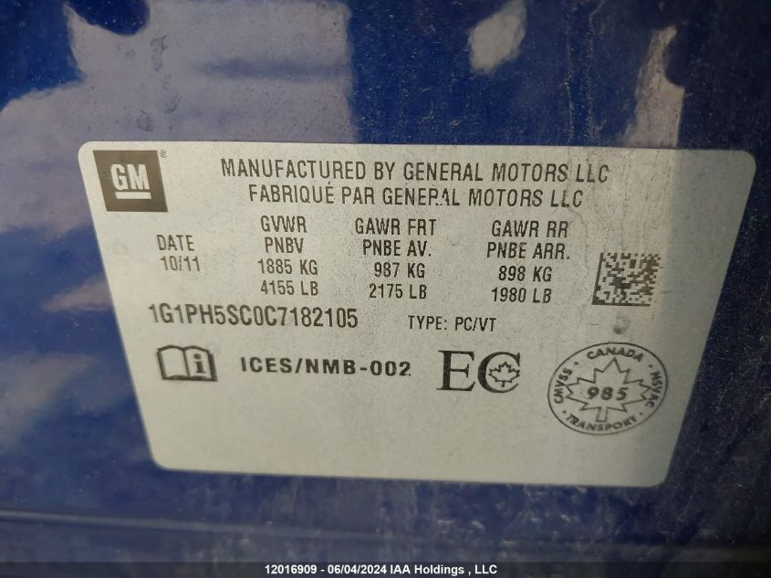 2012 Chevrolet Cruze VIN: 1G1PH5SC0C7182105 Lot: 12016909