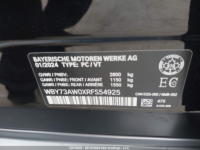 2024 BMW I4 VIN: WBY73AW0XRFS54925 Lot: 12016928