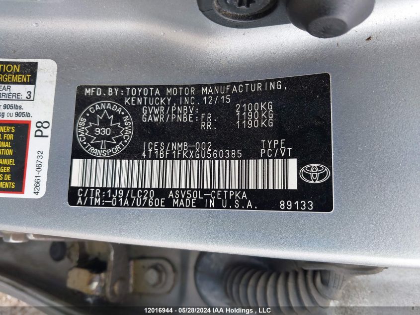 2016 Toyota Camry Le/Xle/Se/Xse VIN: 4T1BF1FKXGU560385 Lot: 12016944