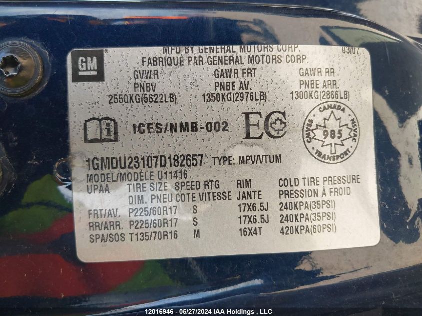 2007 Pontiac Montana Sv6 VIN: 1GMDU23107D182657 Lot: 12016946