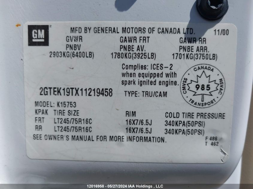 2001 GMC Sierra 1500 VIN: 2GTEK19TX11219458 Lot: 12016958