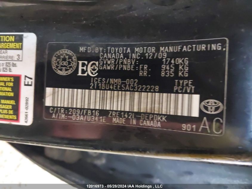 2010 Toyota Corolla Ce/Le/S VIN: 2T1BU4EE5AC322228 Lot: 12016973