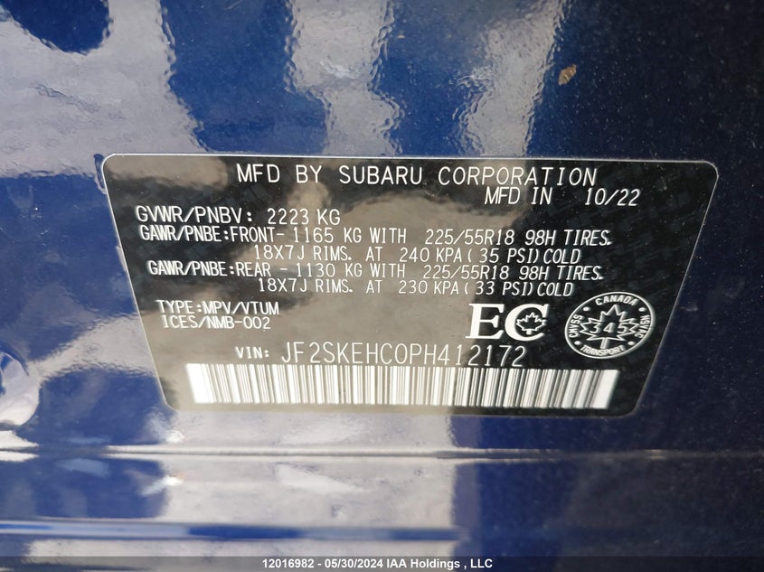 2023 Subaru Forester VIN: JF2SKEHC0PH412172 Lot: 12016982