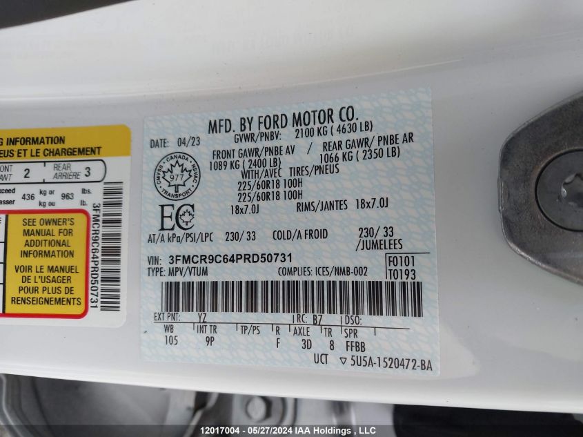 2023 Ford Bronco Sport Outer Banks VIN: 3FMCR9C64PRD50731 Lot: 12017004