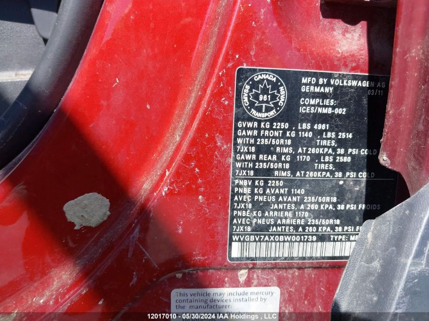 2011 Volkswagen Tiguan VIN: WVGBV7AX0BW001739 Lot: 12017010