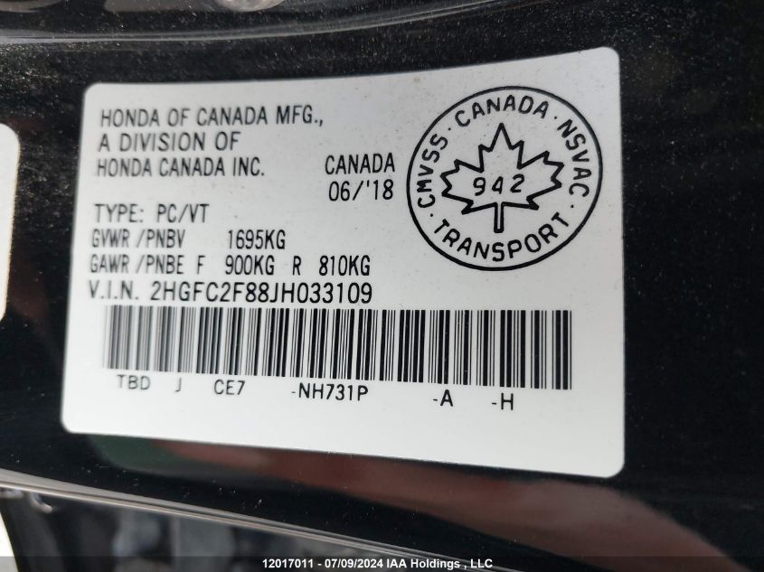 2018 Honda Civic Sedan VIN: 2HGFC2F88JH033109 Lot: 12017011