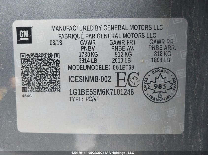 2019 Chevrolet Cruze VIN: 1G1BE5SM6K7101246 Lot: 12017014