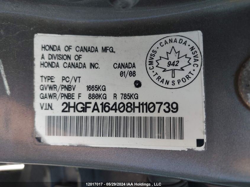 2008 Honda Civic Dx-G VIN: 2HGFA16408H110739 Lot: 12017017