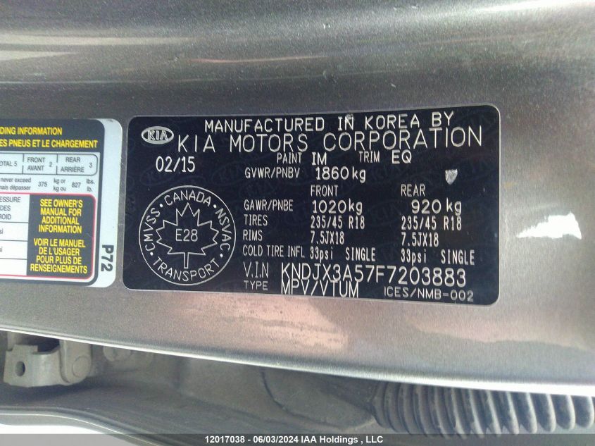 2015 Kia Soul VIN: KNDJX3A57F7203883 Lot: 12017038