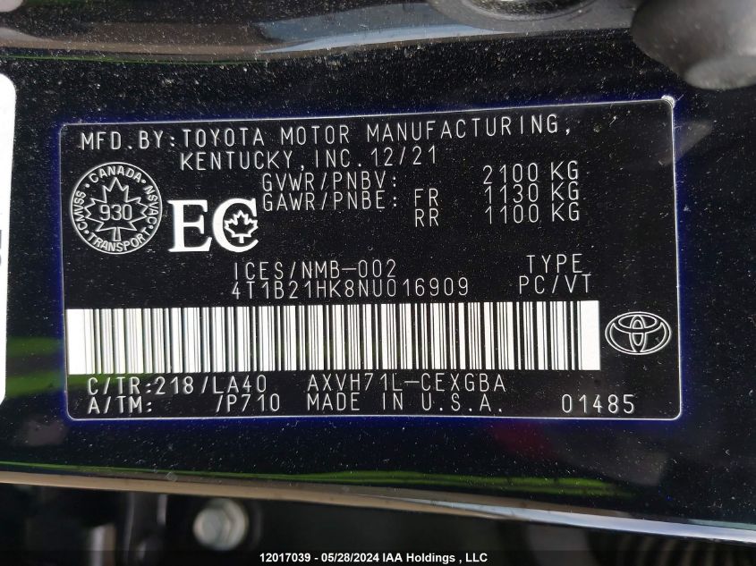 2022 Toyota Camry Hybrid Se VIN: 4T1B21HK8NU016909 Lot: 12017039