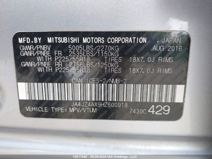 2017 Mitsubishi Outlander Gt VIN: JA4JZ4AX9HZ600918 Lot: 12017040