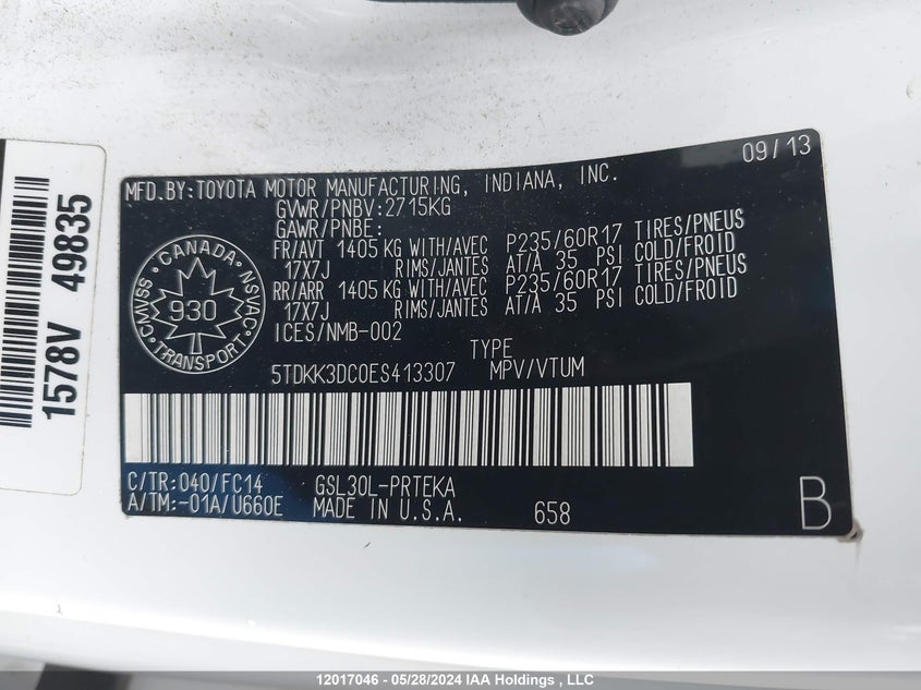 2014 Toyota Sienna Le VIN: 5TDKK3DC0ES413307 Lot: 12017046