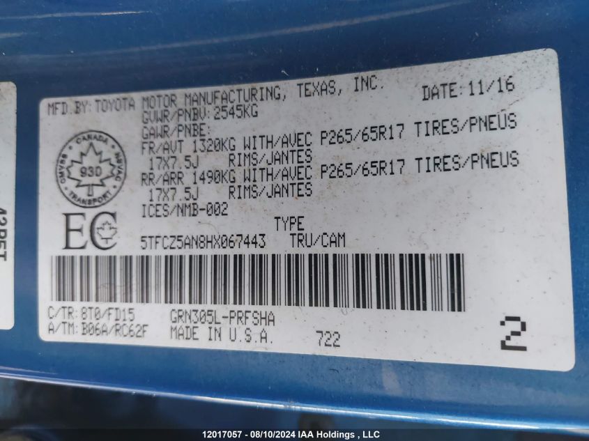 2017 Toyota Tacoma Dbl Cab/Sr/Trdspt/Or/Pro VIN: 5TFCZ5AN8HX067443 Lot: 12017057