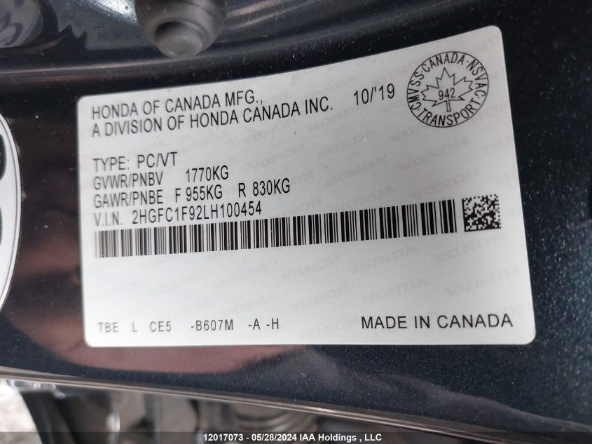 2020 Honda Civic VIN: 2HGFC1F92LH100454 Lot: 12017073