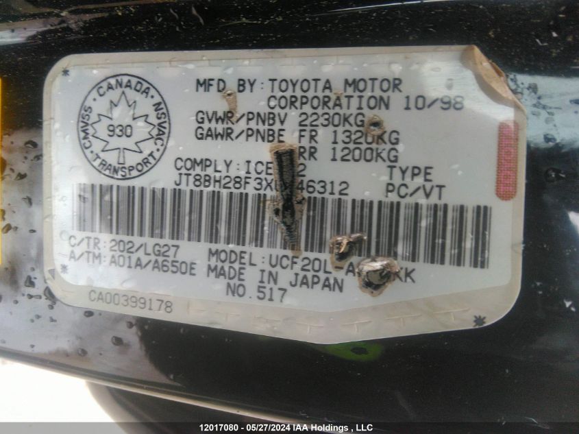 1999 Lexus Ls 400 VIN: JT8BH28F3X0146312 Lot: 12017080