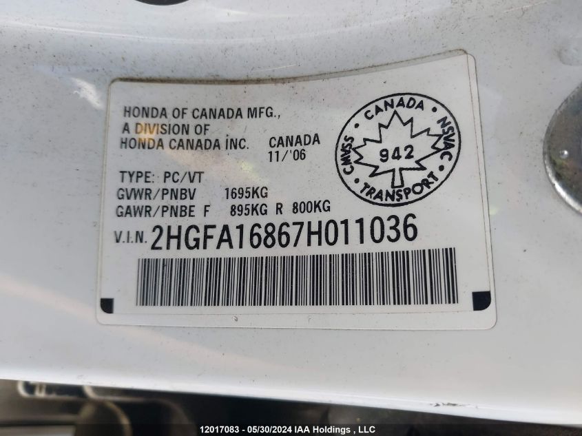 2007 Honda Civic Ex VIN: 2HGFA16867H011036 Lot: 12017083