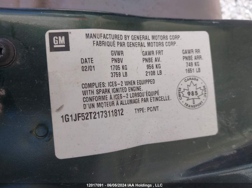 2001 Chevrolet Cavalier VIN: 1G1JF52T217311812 Lot: 12017091