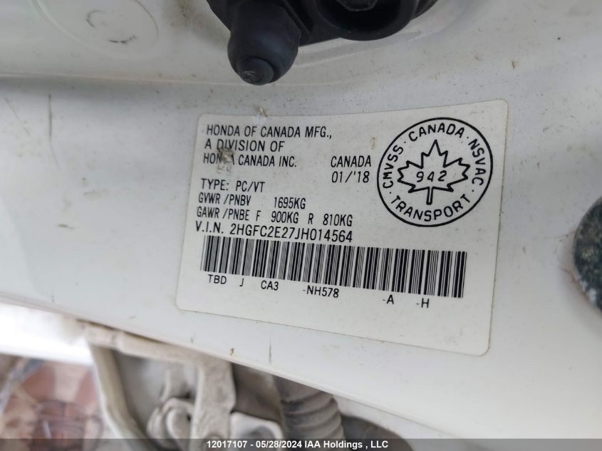 2018 Honda Civic Sedan VIN: 2HGFC2E27JH014564 Lot: 12017107