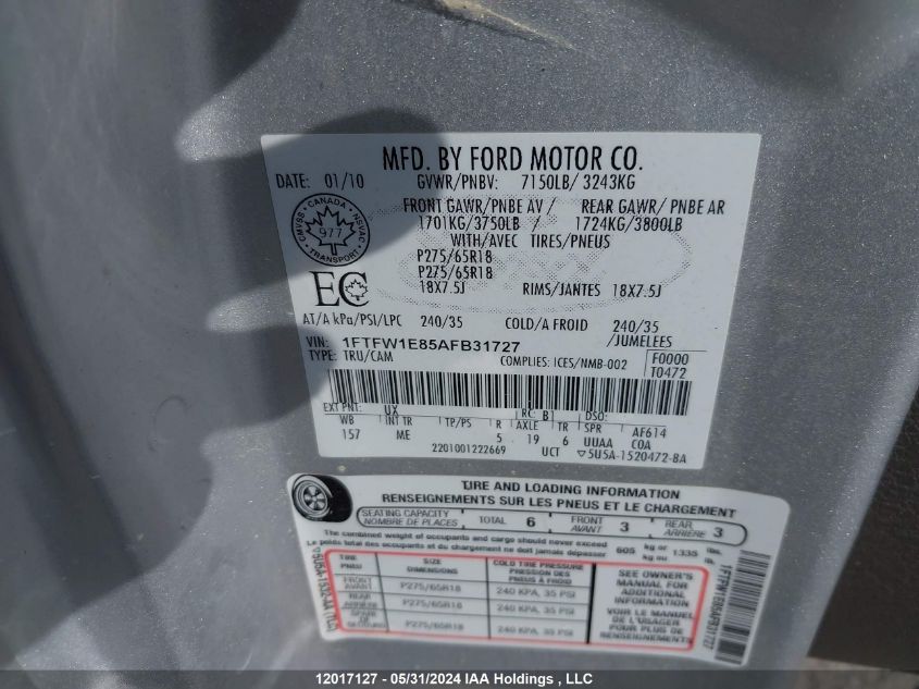 2010 Ford F-150 VIN: 1FTFW1E85AFB31727 Lot: 12017127