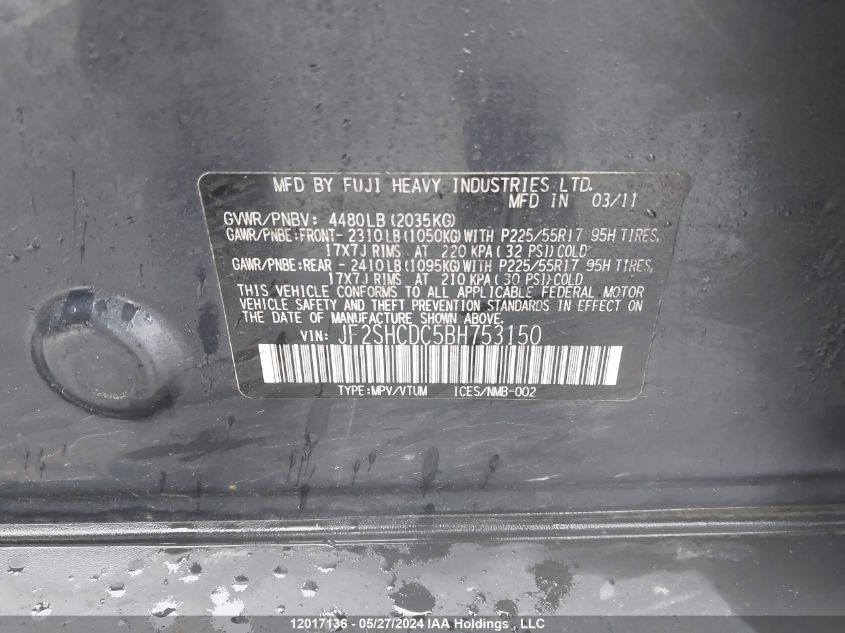2011 Subaru Forester VIN: JF2SHCDC5BH753150 Lot: 12017136
